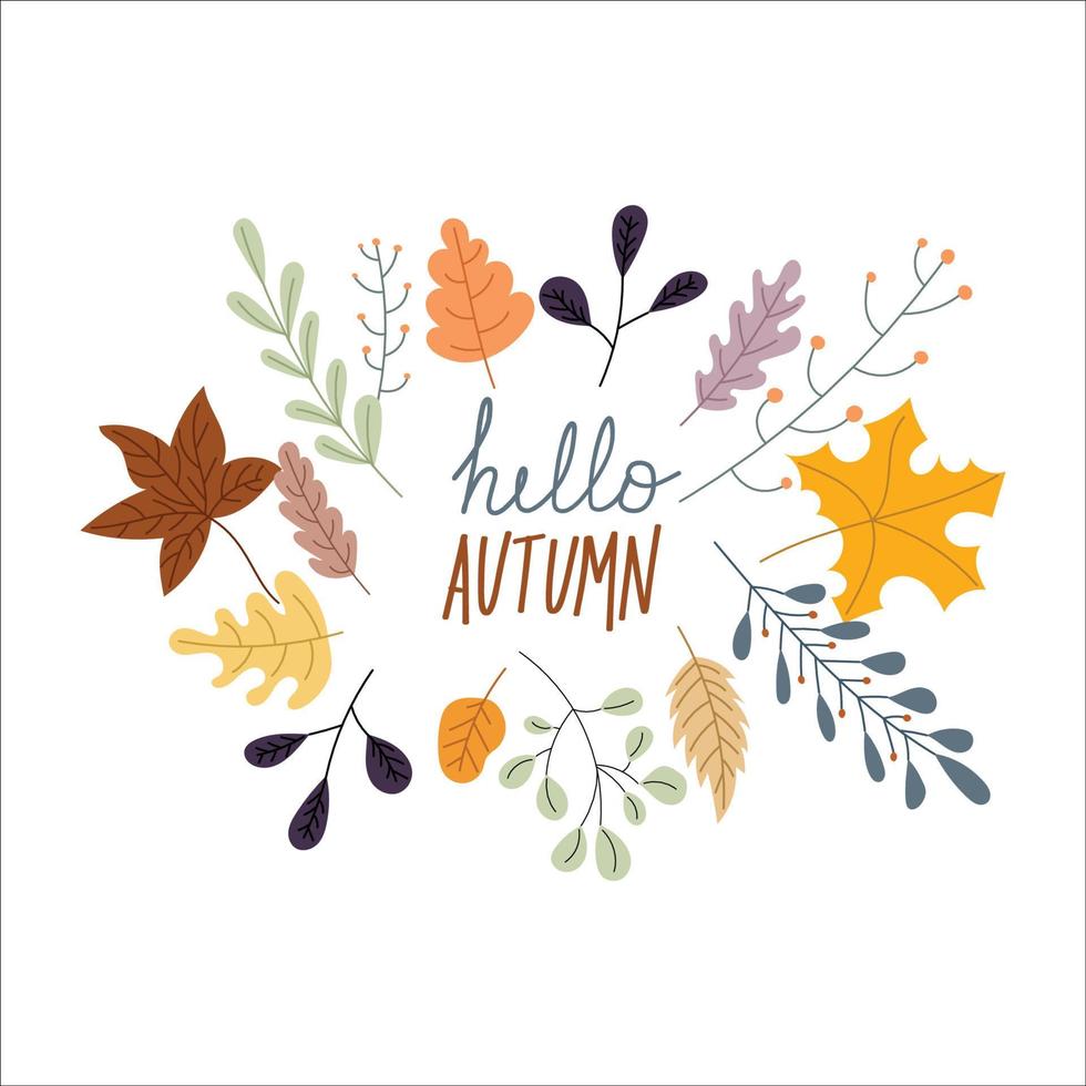 hola otoño hojas cayendo. hola diseño plano de la temporada de otoño. diseño de otoño. plantillas para pancartas, pancartas, volantes, presentaciones, informes. vector