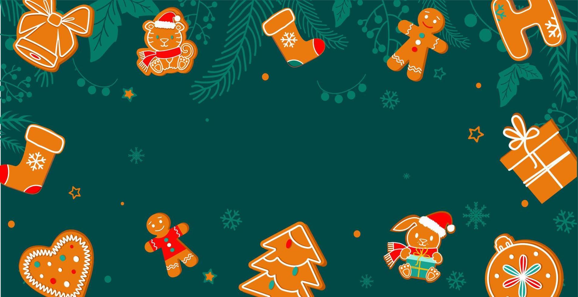 Christmas banner with winter plants and gingerbread cookies, greeting cards. Xmas holiday night party. Vector illustration in flat cartoon style, isolated on dark green background.