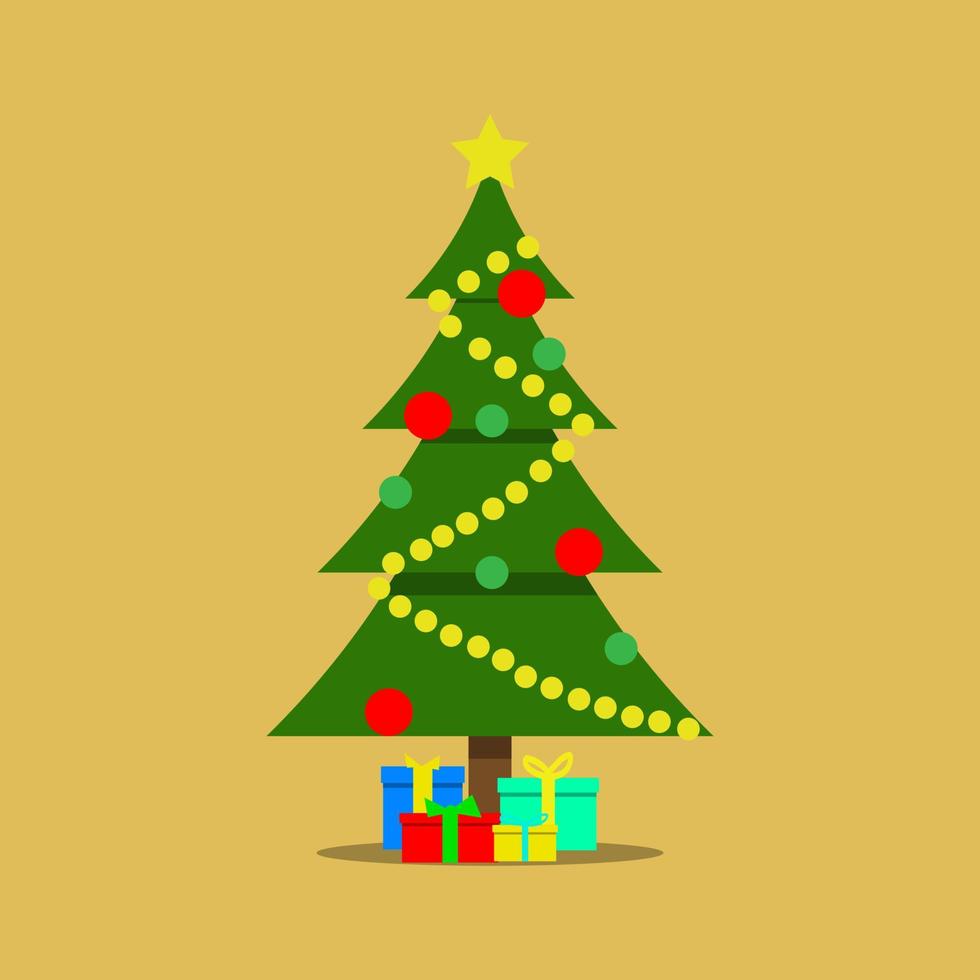 árbol de navidad con estrella y cajas de regalo decorativas. tarjeta de felicitación para vacaciones y feliz año nuevo vector