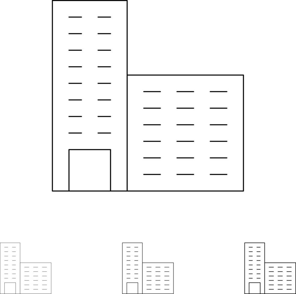 conjunto de iconos de línea negra audaz y delgada de construcción de edificios de arquitectura vector