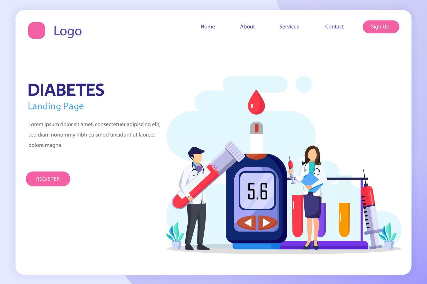 Medicine diabetes concept. The doctor tests the level of glucose in the blood, prescribes statins. Flat vector illustration