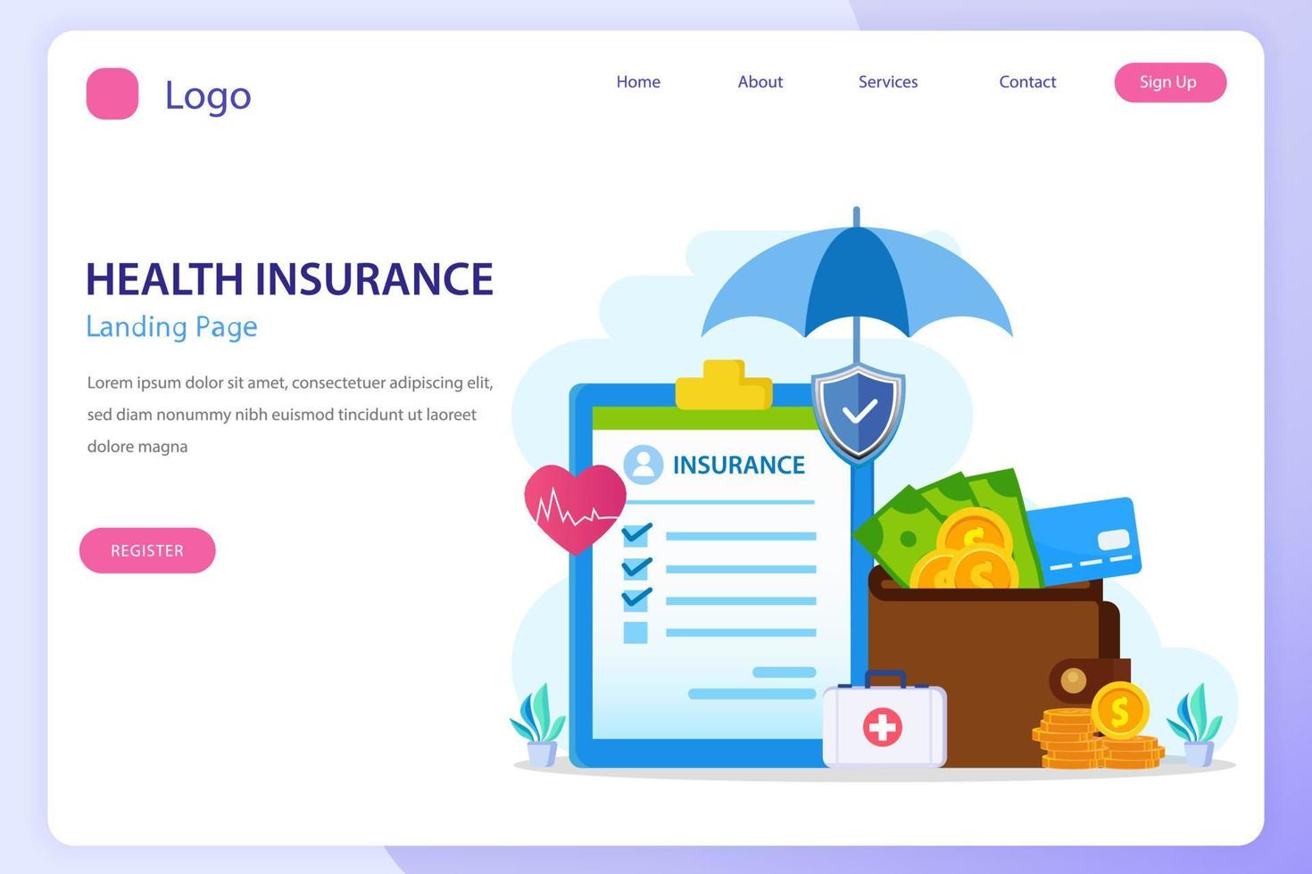 Health insurance concept. Big clipboard with document on it under the umbrella. vector illustration