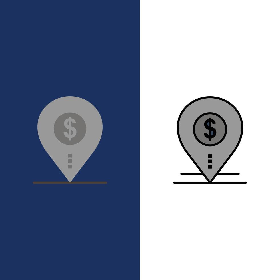 Dollar Pin Map Location Bank Business  Icons Flat and Line Filled Icon Set Vector Blue Background