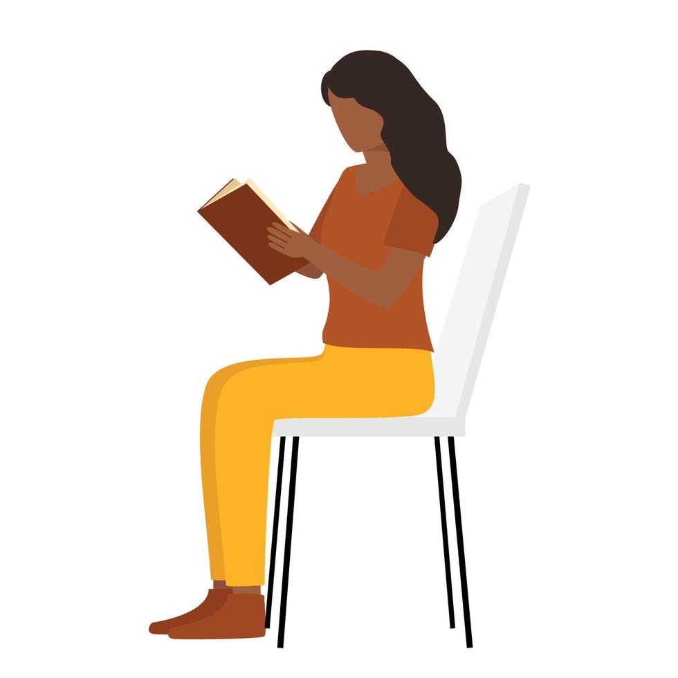 African American woman sitting on a chair and reading a book. Vector illustration. Study, back to school.