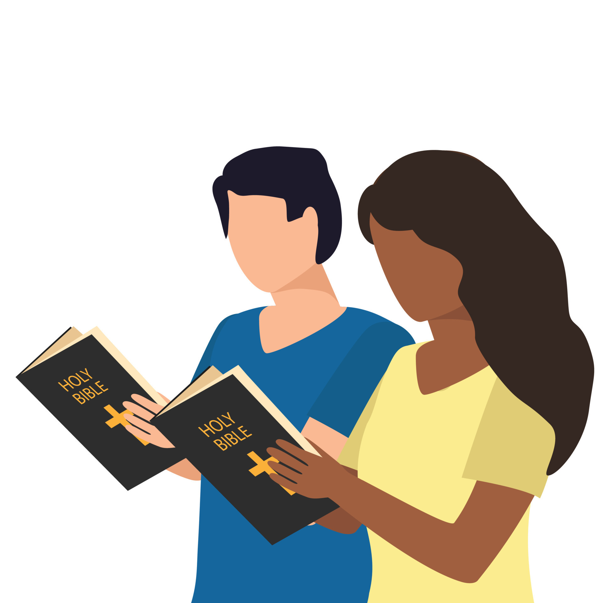 African American Woman and European man read the Holy Bible in casual style. Vector illustration
