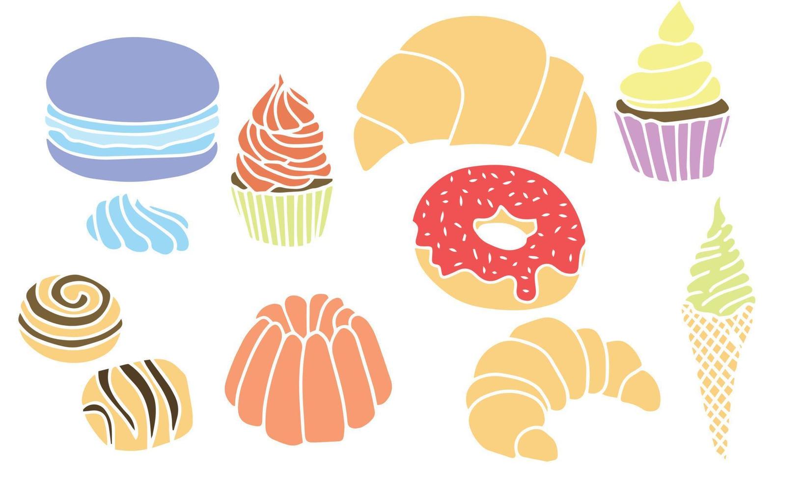 conjunto de diferentes postres dulces. donut, cupcake, muffin, dulces, pudín, croissant, helado, macarons. vector