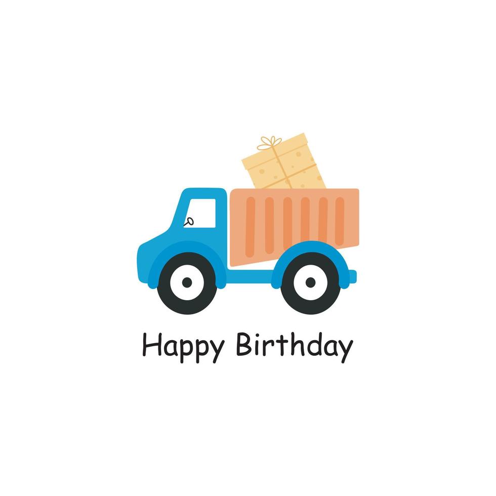 Truck with present. Vector illustration on a white background. For kids stuff, card, posters, banners, children books, printing on the pack, clothes, fabric, wallpaper, textile or dishes.