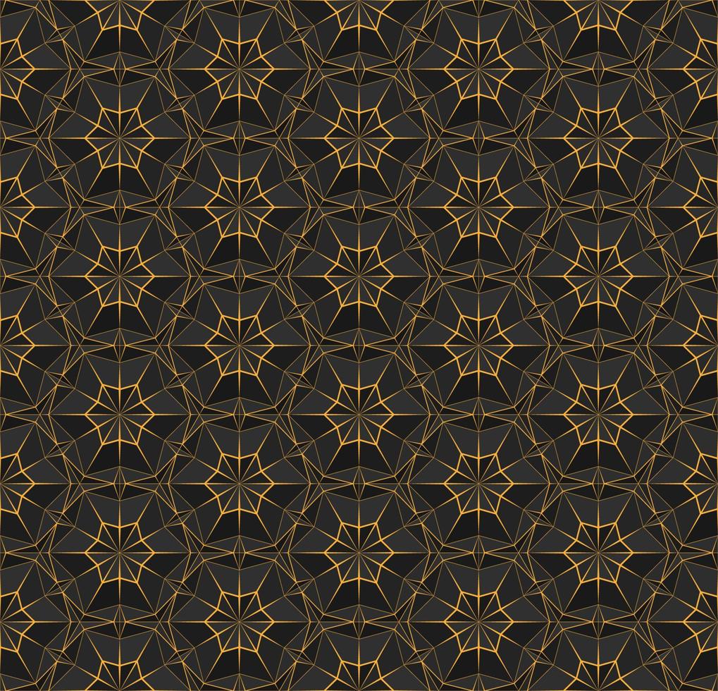 Dark seamless polygonal pattern with triangles. Black texture with bright orange thin lines. Vector geometric illustration for background, wallpaper interior, textile, wrapping paper and print design.