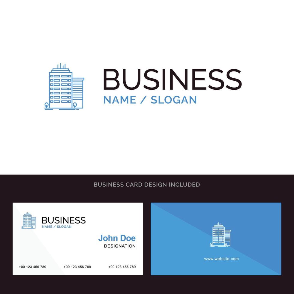 edificio rascacielos oficina top azul logotipo empresarial y plantilla de tarjeta de visita diseño frontal y posterior vector
