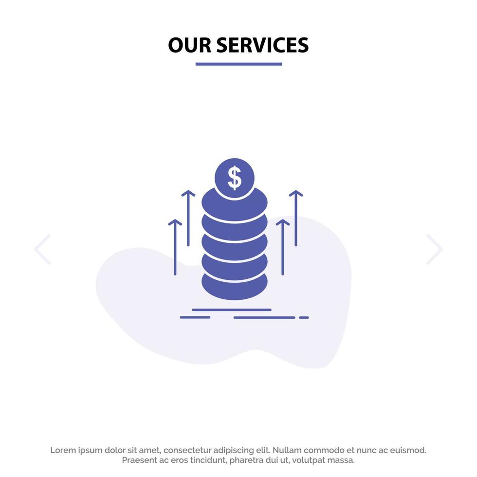 nuestros servicios paquete de dinero transferir monedas icono de glifo sólido plantilla de tarjeta web vector