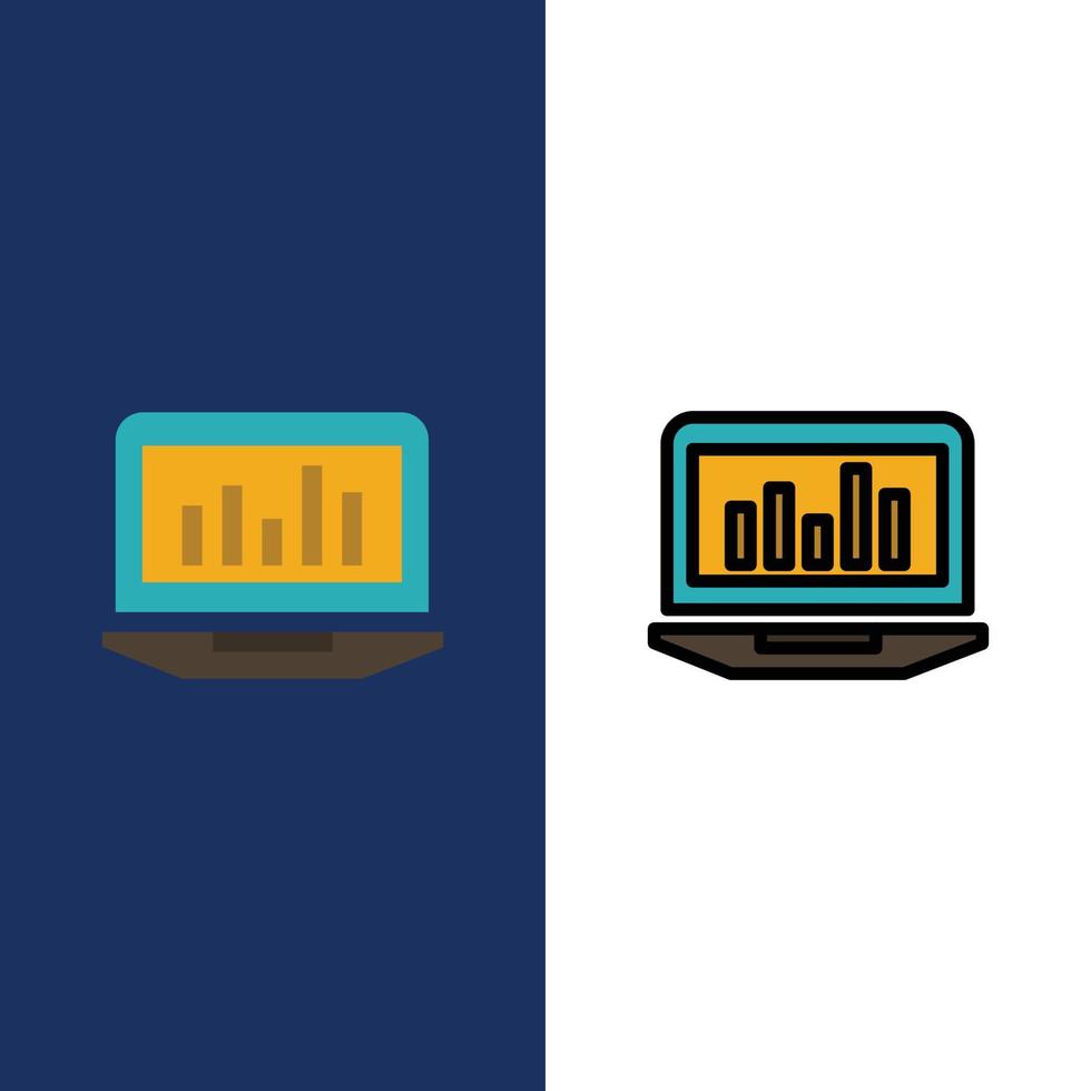 Laptop Graph Analytics Monitoring Statistics  Icons Flat and Line Filled Icon Set Vector Blue Backgr