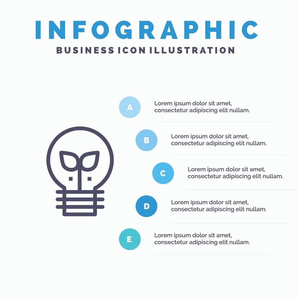 icono de línea de luz de lámpara de idea ecológica con fondo de infografía de presentación de 5 pasos vector