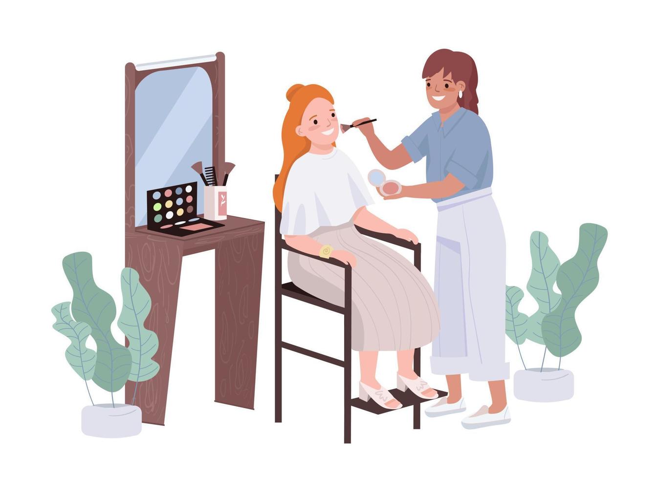 Makeup artist service 2D vector isolated illustration. Beauty salon flat characters on cartoon background. Facial cosmetics application colourful editable scene for mobile, website, presentation