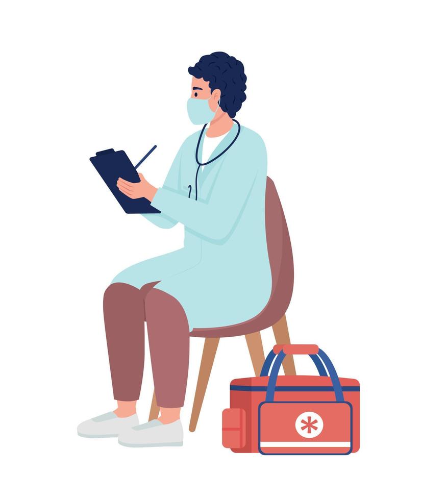 médico de urgencias examinando el carácter vectorial de color semiplano del paciente. figura editable. persona de médico de urgencias examinando el carácter vectorial de color semiplano del paciente. figura editable. persona de