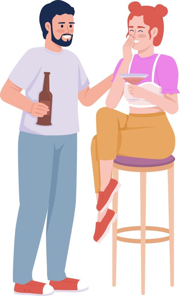 Date at bar semi flat color vector characters. Editable figures. Full body people on white. Couple talking and laughing simple cartoon style illustration for web graphic design and animation