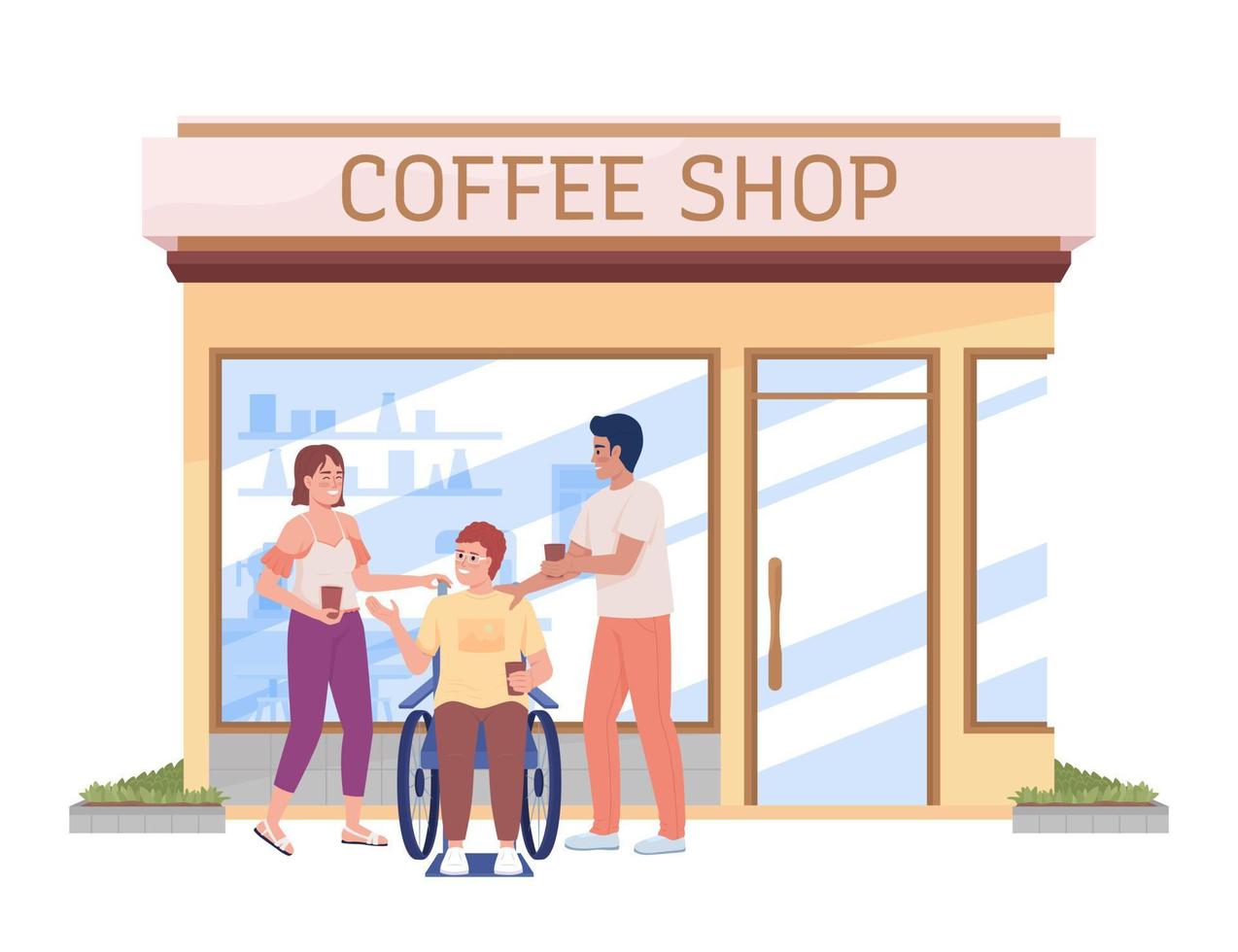 Friends drinking coffee semi flat color vector characters. Editable figures. Full body people on white. Simple cartoon style illustration for web graphic design and animation