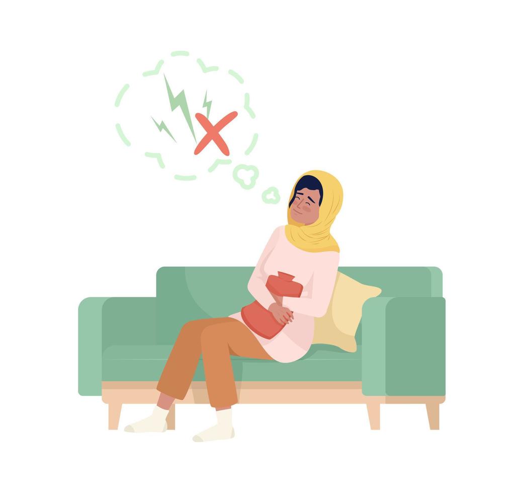 Woman coping with menstrual pain semi flat color vector character. Editable figure. Full body person on white. PMS simple cartoon style illustration for web graphic design and animation