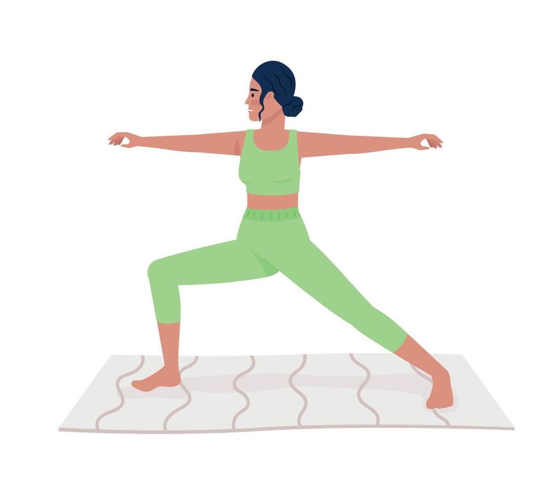 Woman standing in warrior pose semi flat color vector character. Editable figure. Full body person on white. Yoga simple cartoon style illustration for web graphic design and animation