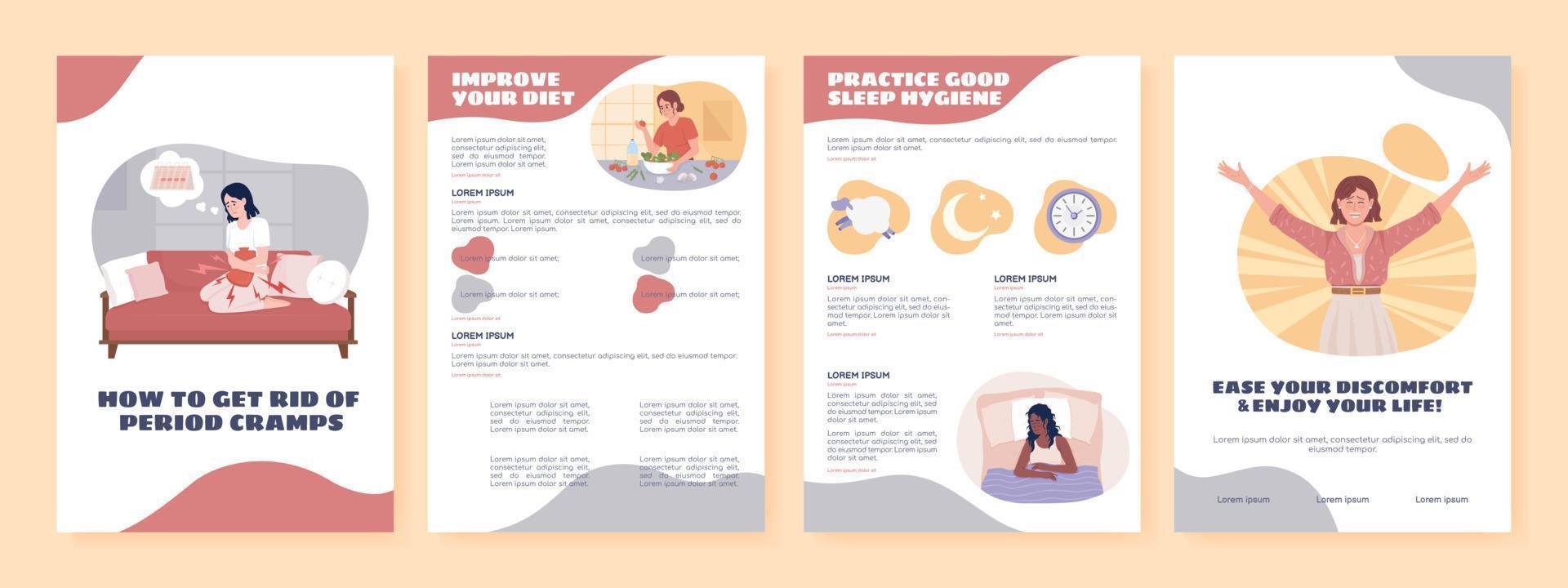 Period cramps relief flat vector brochure template. Booklet, leaflet printable flat color designs. Editable magazine page, reports kit with text space