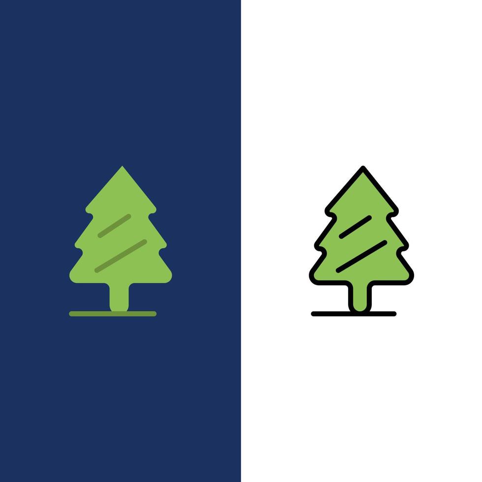 naturaleza pino primavera árbol iconos plano y línea llena conjunto de iconos vector fondo azul