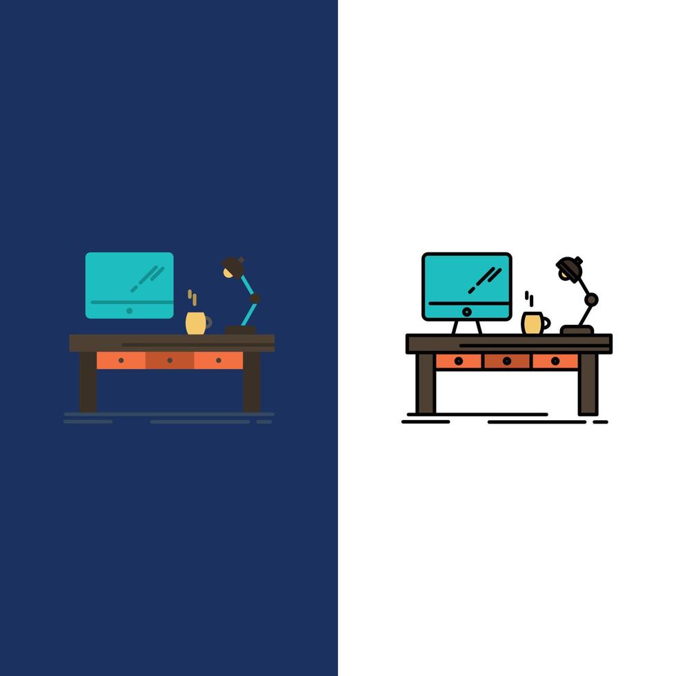 Workplace Business Computer Desk Lamp Office Table  Icons Flat and Line Filled Icon Set Vector Blue
