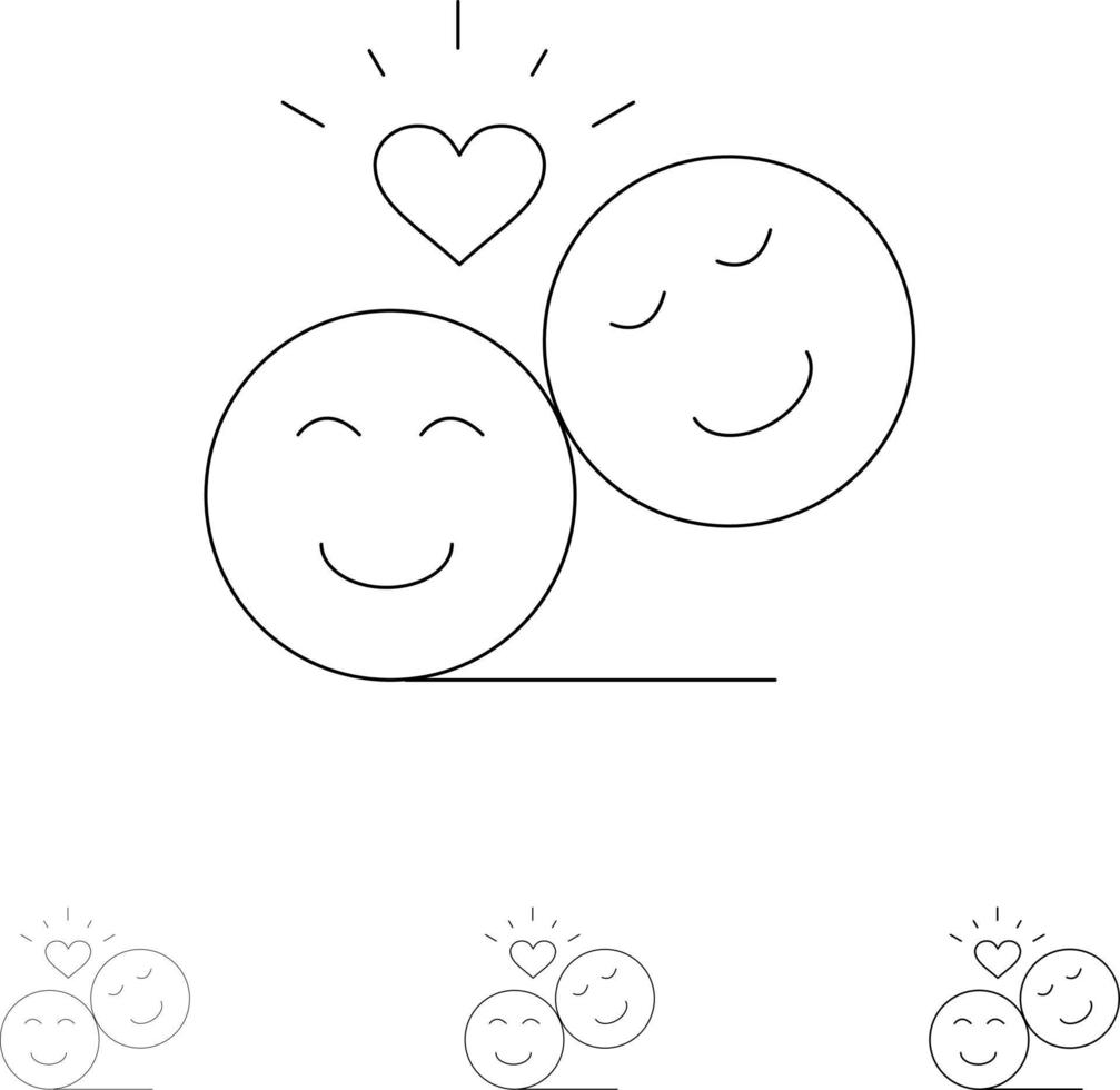 Couple Avatar Smiley Faces Emojis Valentine Bold and thin black line icon set vector
