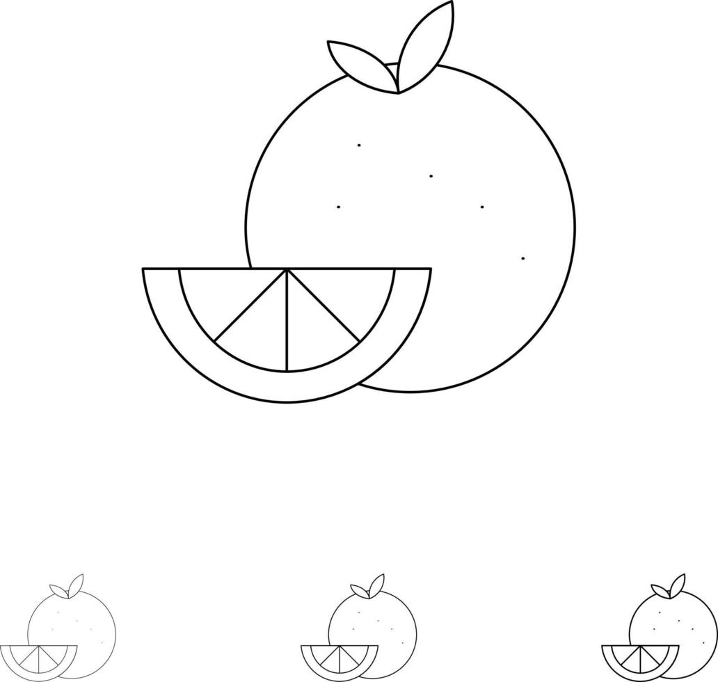 conjunto de iconos de línea negra audaz y delgada de madrigal de fruta de comida naranja vector
