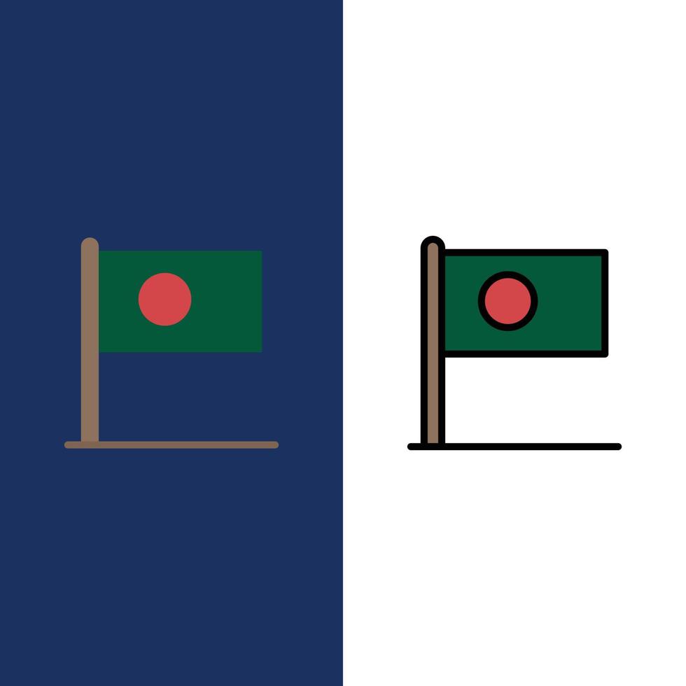 iconos de bandera de país de bangla bangladesh asiático plano y conjunto de iconos llenos de línea vector fondo azul