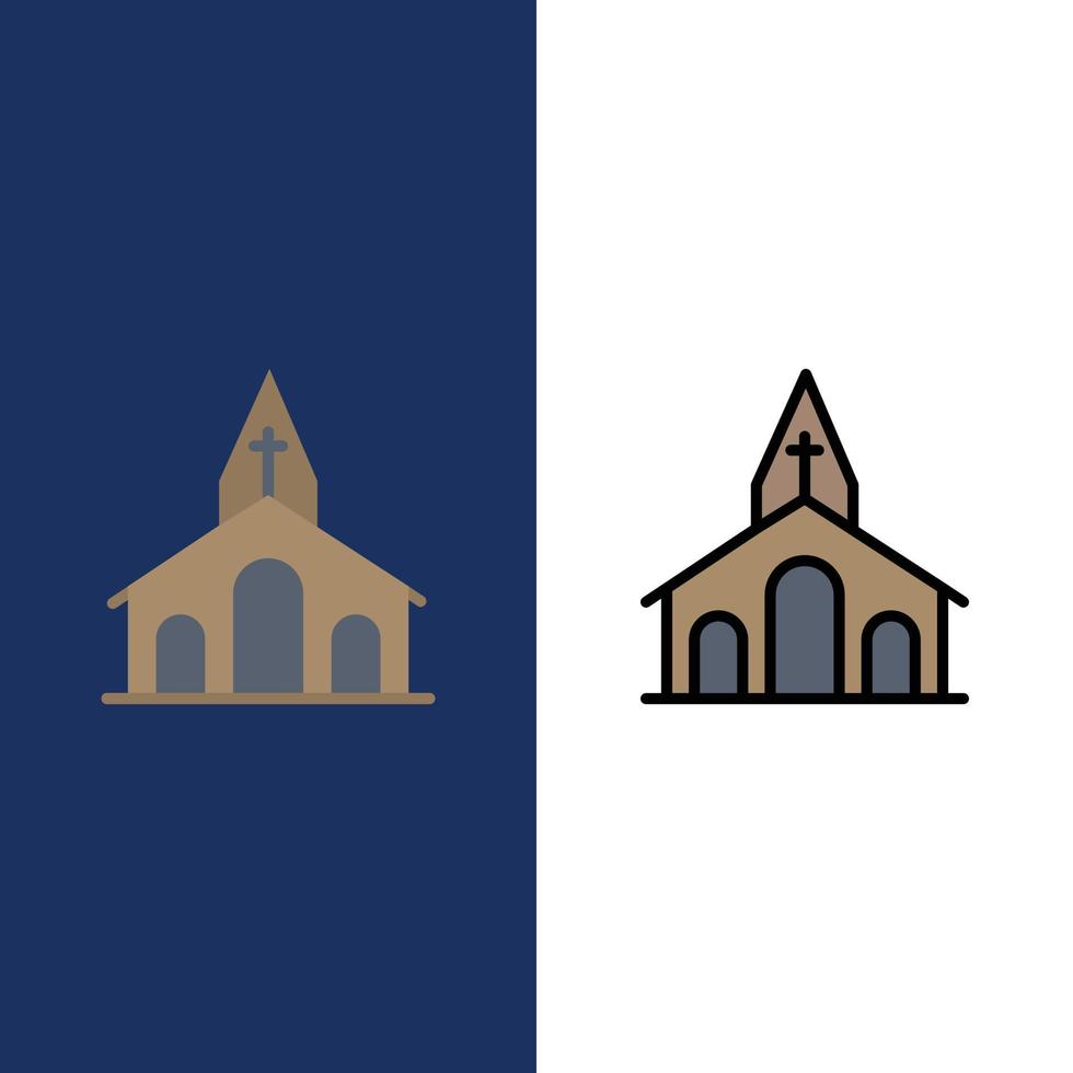 celebración de la iglesia cruz cristiana iconos de pascua planos y llenos de línea conjunto de iconos vector fondo azul