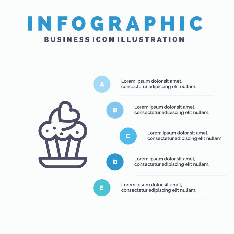 pastel de cupcake amor plantilla de infografía azul plantilla de icono de línea de vector de 5 pasos