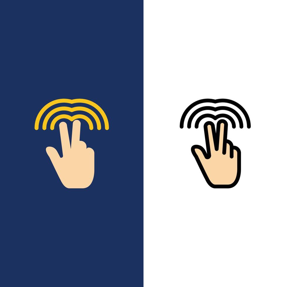 gestos dobles iconos de pestañas de mano planos y rellenos de línea conjunto de iconos vector fondo azul