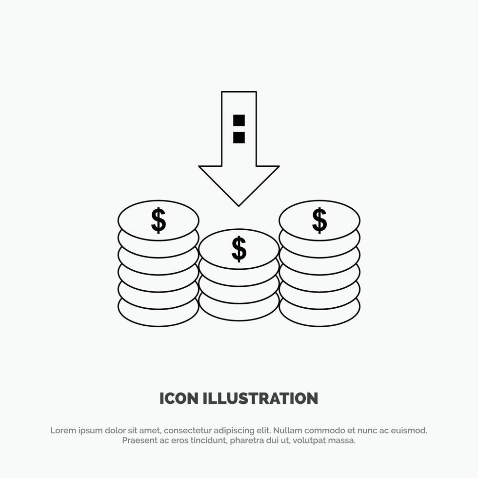 monedas efectivo dinero abajo flecha línea icono vector