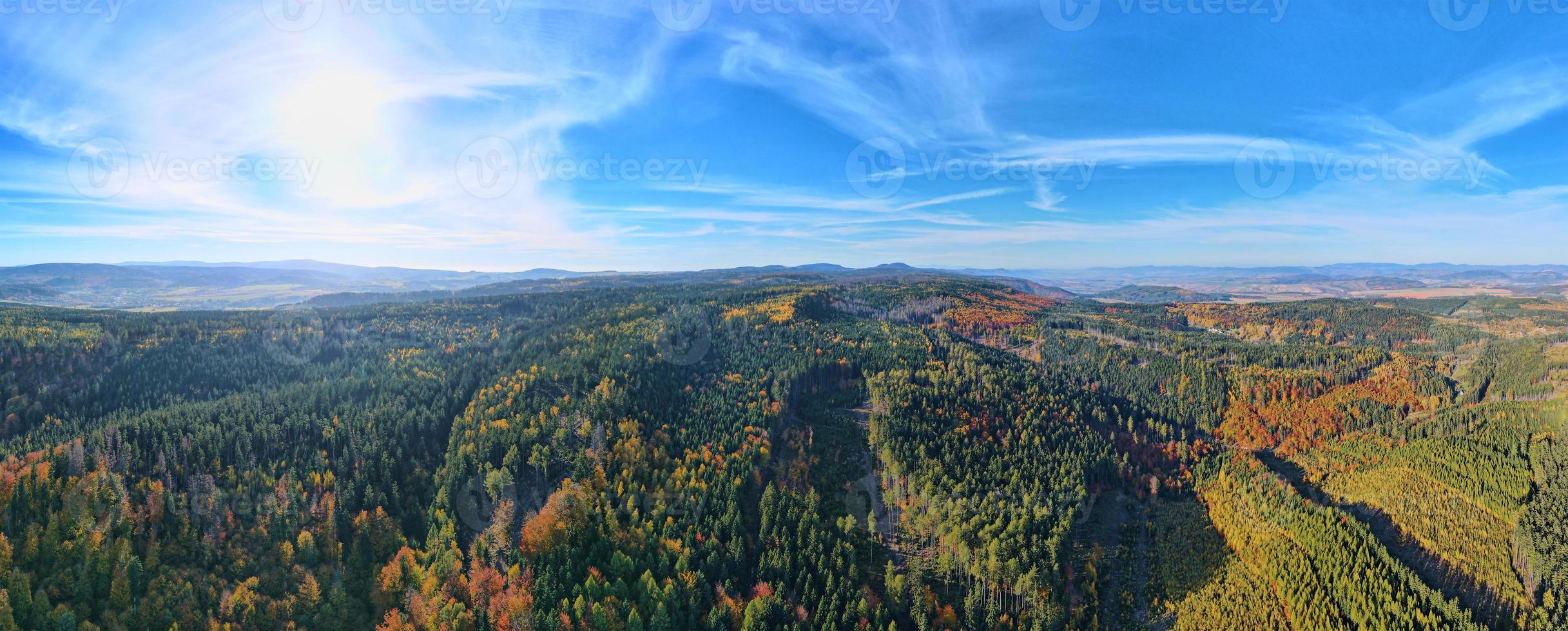 Aerial view of mountains covered with autumn forest photo