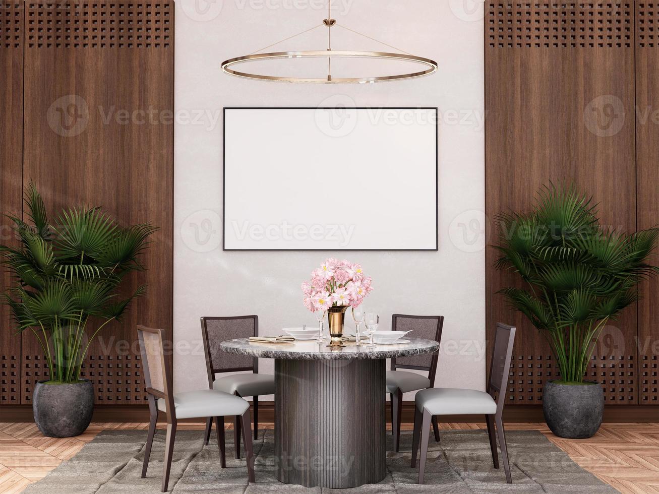 mock up poster frame in modern interior fully furnished rooms background, Cafe, Dining room, photo