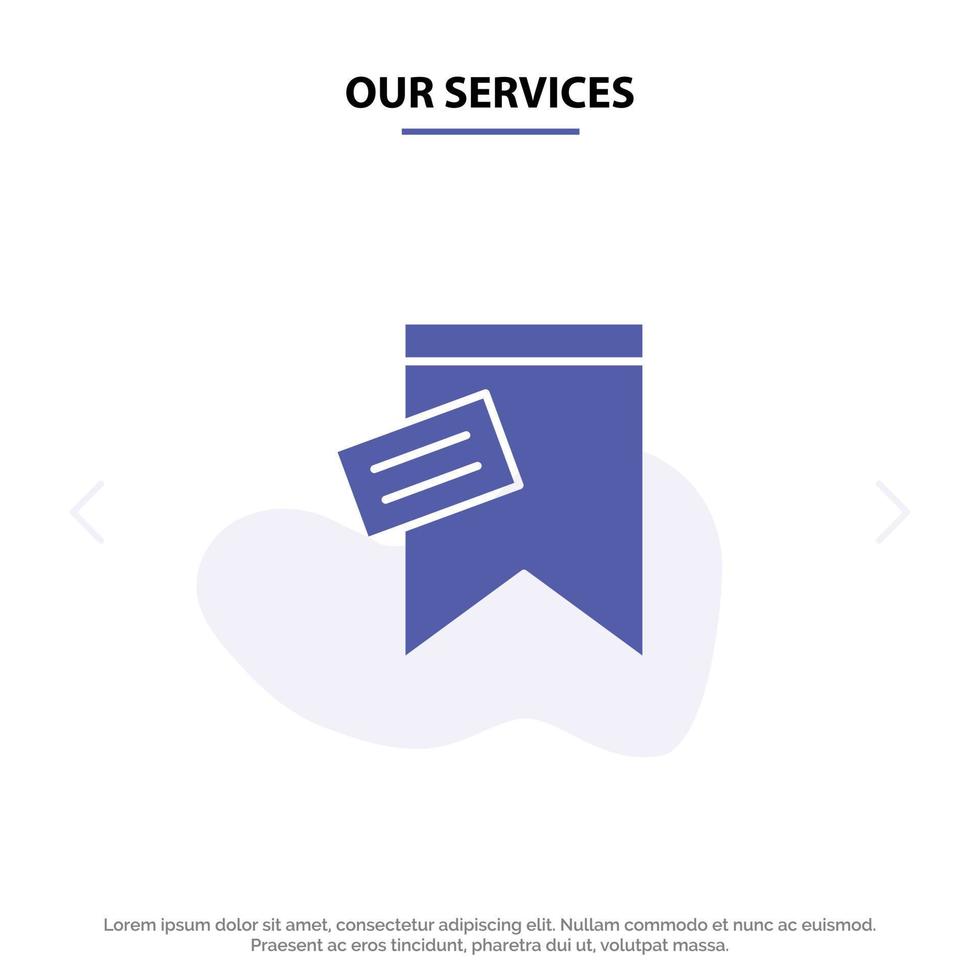 Our Services Mark Tag Sign Text Solid Glyph Icon Web card Template vector