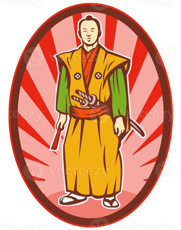Samurai warrior with katana sword and fan png