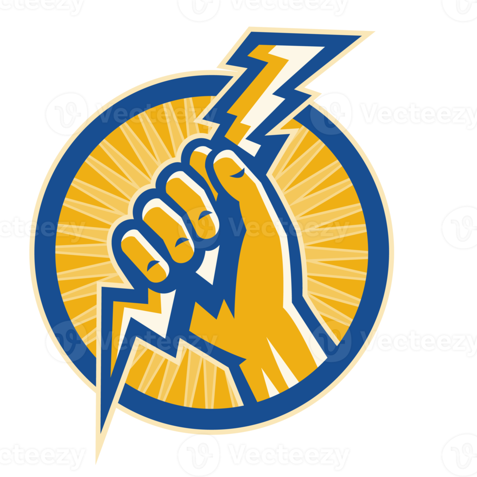Hand hold a lightning bolt of electricity set inside a circle png