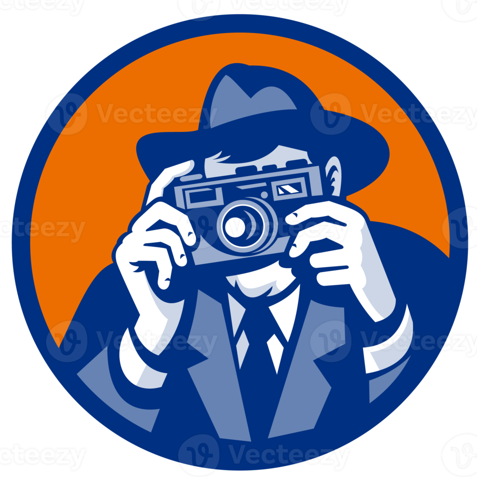 Fotograf mit Fedora-Hut, der auf eine Retro-SLR-Kamera abzielt png