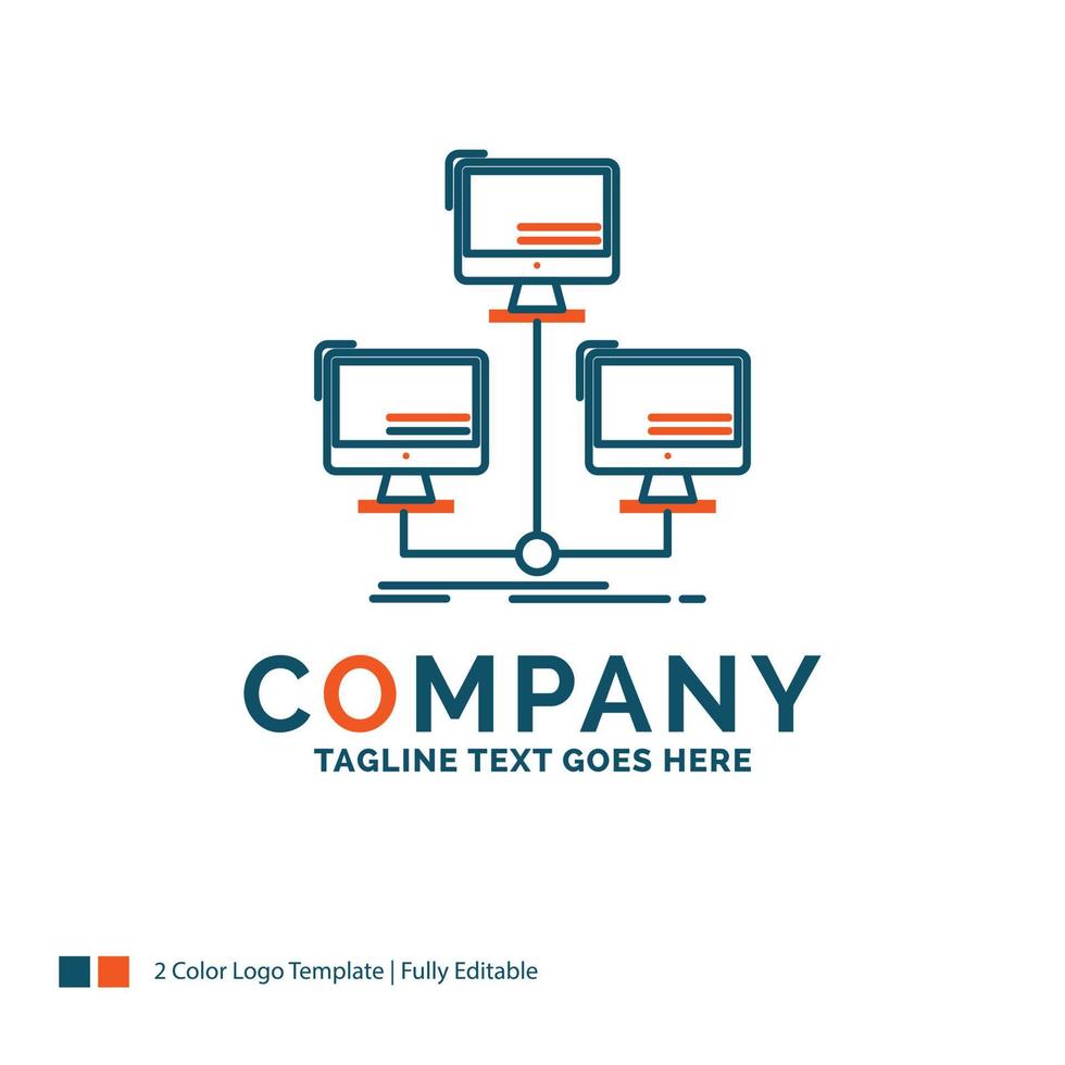 base de datos. repartido. conexión. la red. diseño de logotipo de computadora. diseño de marca azul y naranja. lugar para el eslogan. plantilla de logotipo de empresa. vector