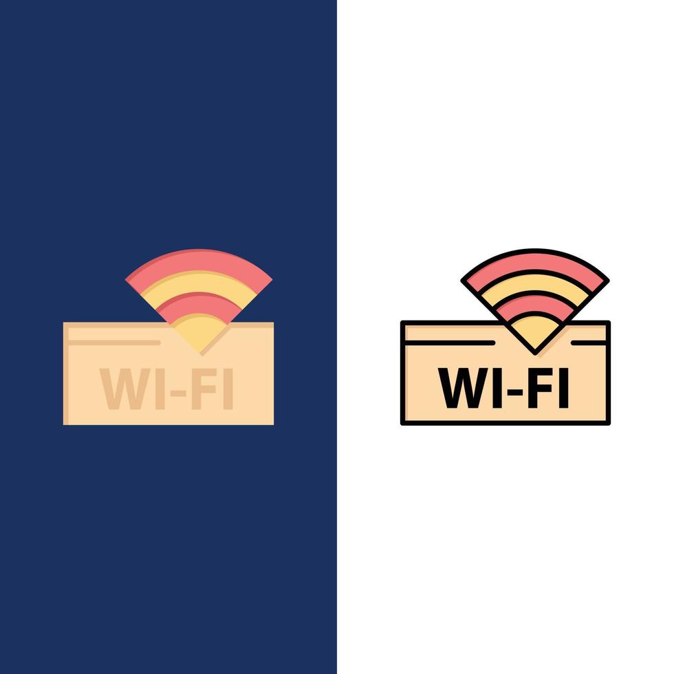 icono de dispositivo de servicio wifi de hotel plano y conjunto de iconos llenos de línea vector fondo azul