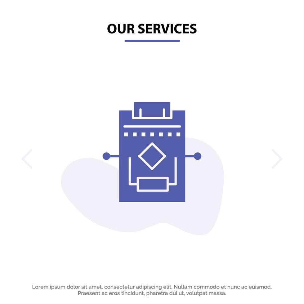 Our Services Workflow Network Process Settings Solid Glyph Icon Web card Template vector