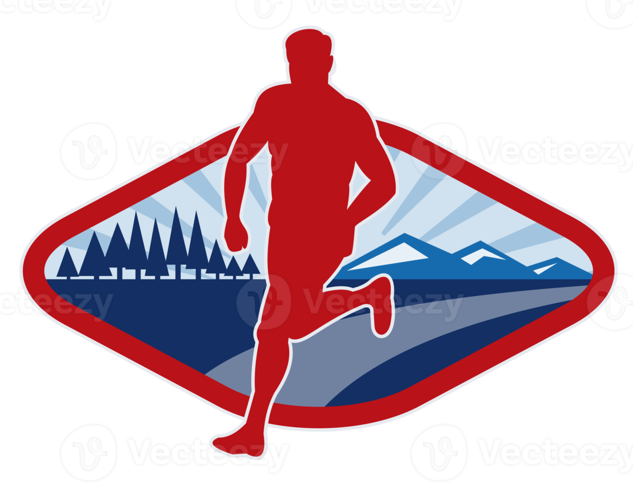 Cross country runner with landscape and sunburst png