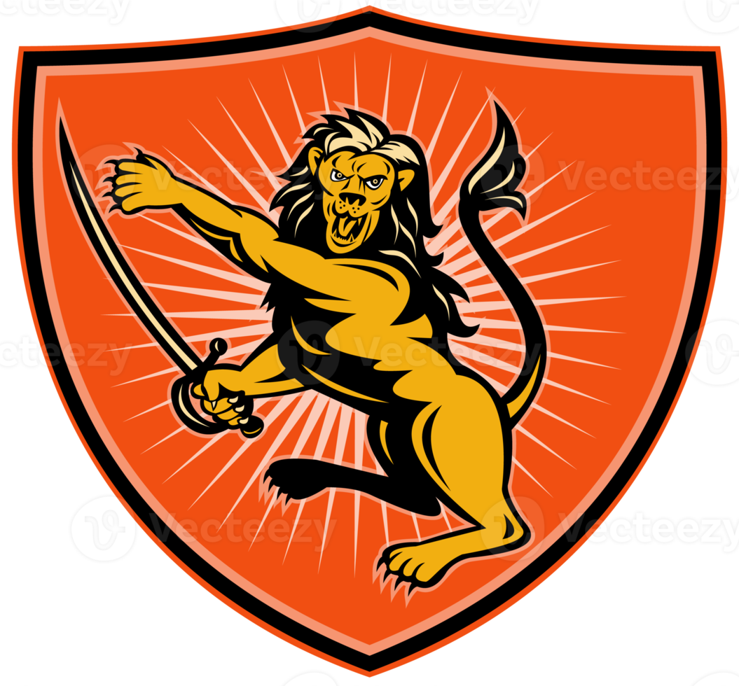 Lion with sword pointing and attacking with shield png