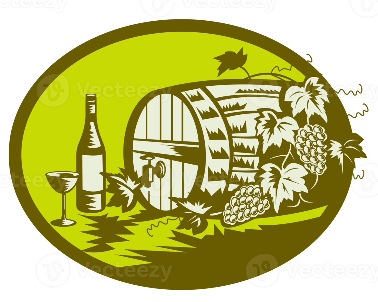 Wine barrel keg with grape vine and wine bottle and glass png