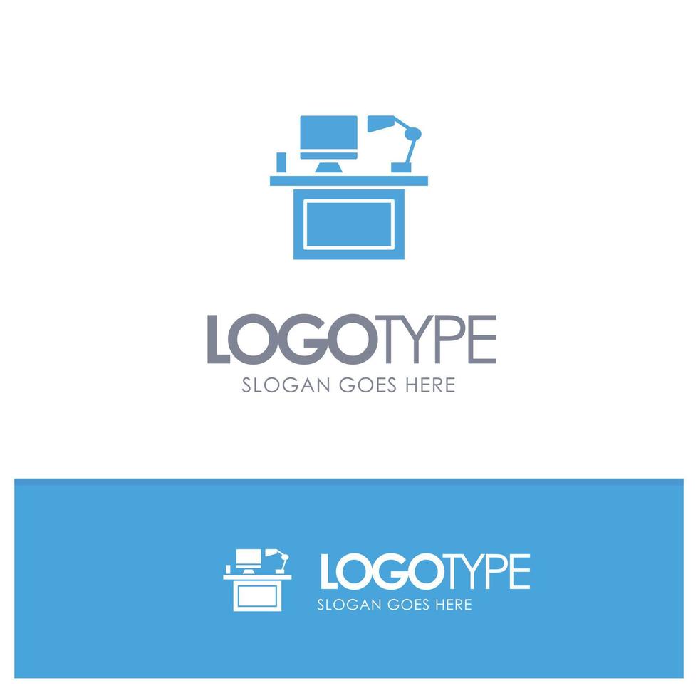 Computer Desk Desktop Monitor Office Place Table Blue Solid Logo with place for tagline vector