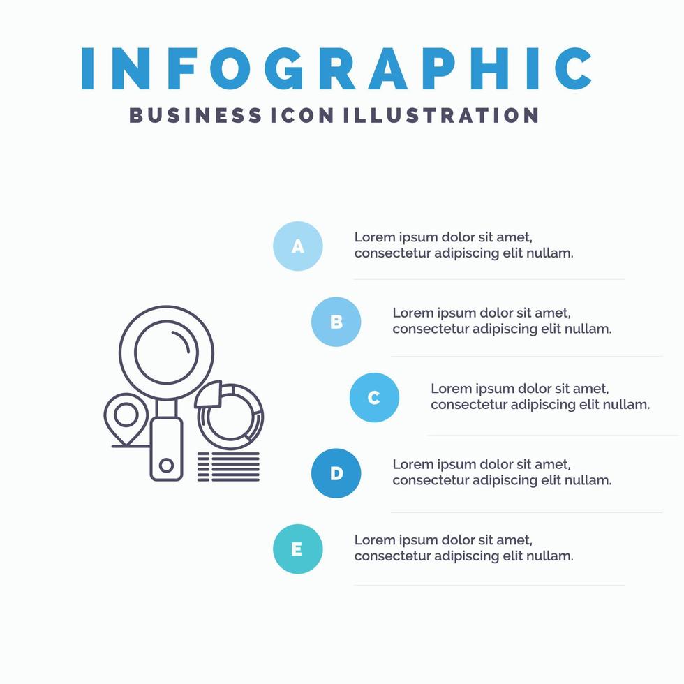 icono de línea de gráfico de buscador de ubicación de búsqueda con fondo de infografía de presentación de 5 pasos vector