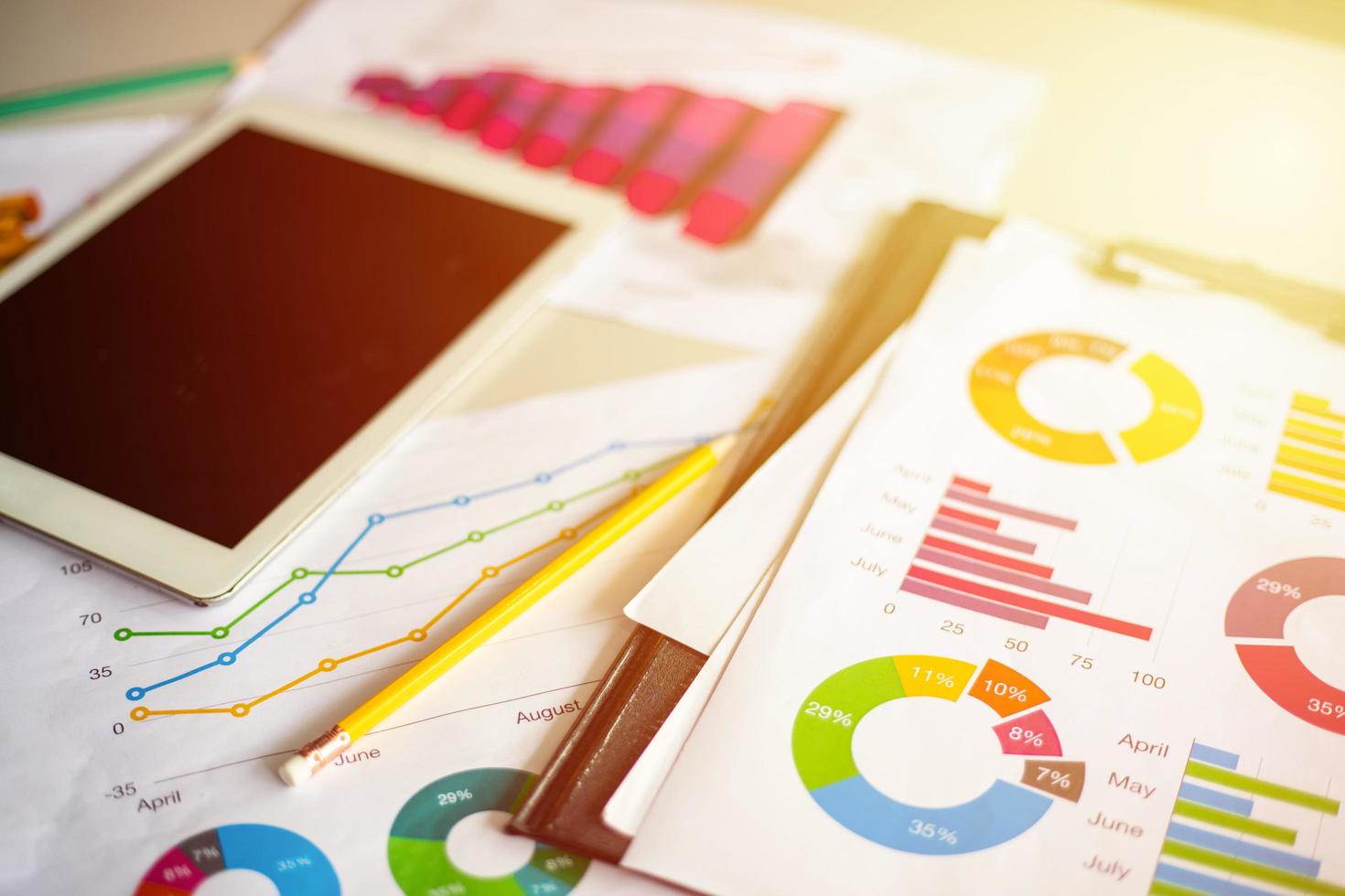 business financial chart and graphy report  on table with digital tablet photo