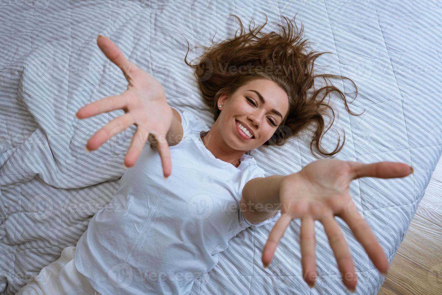 Lazy morning concept. Beautiful happy woman 13148373 Stock Photo at ...