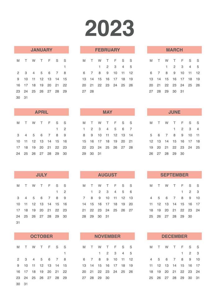 calendario completo 2023 a partir del lunes vector