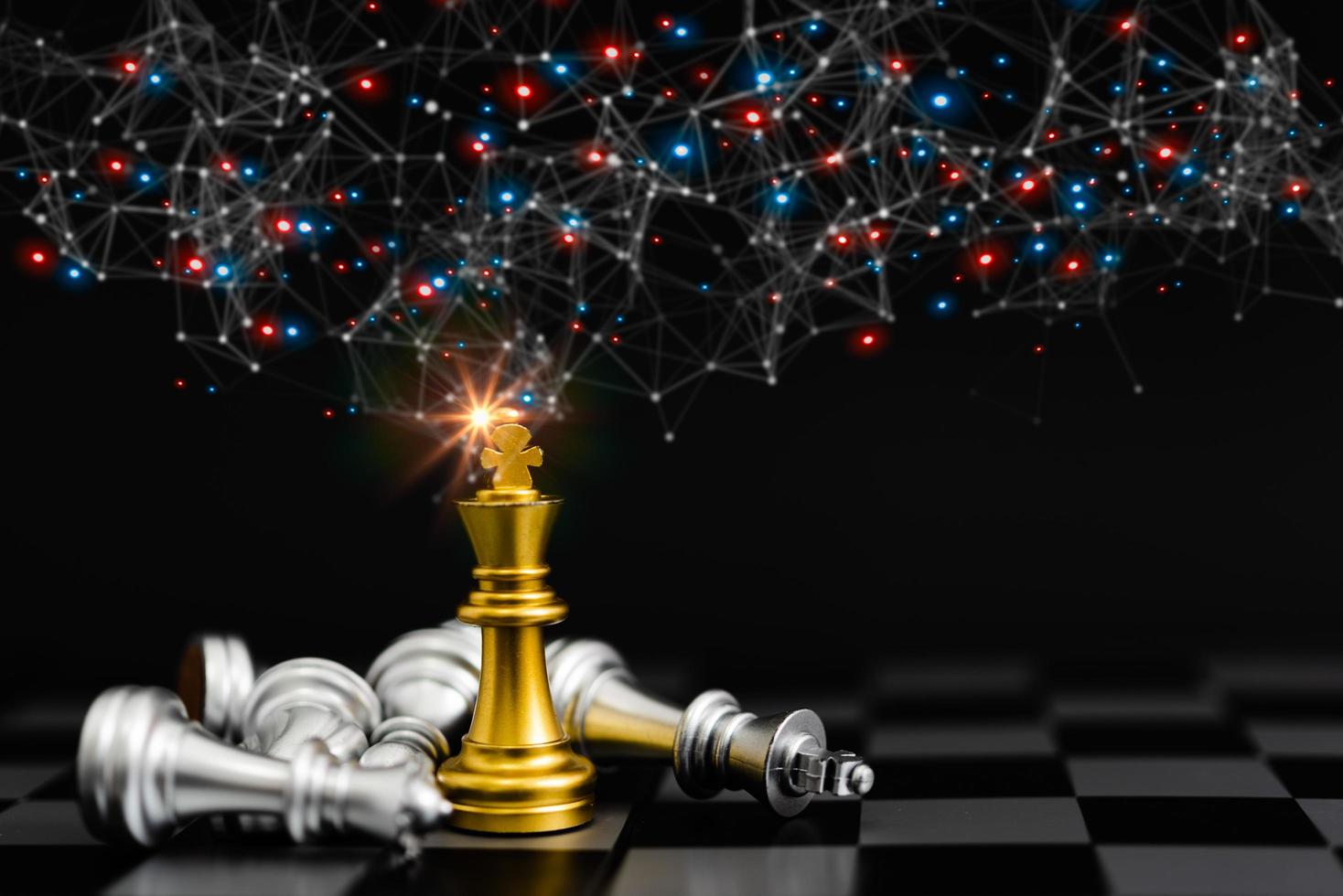 golden king chess to fighting silver chess success on board. technology line network background. Management or leadership strategy concept. photo